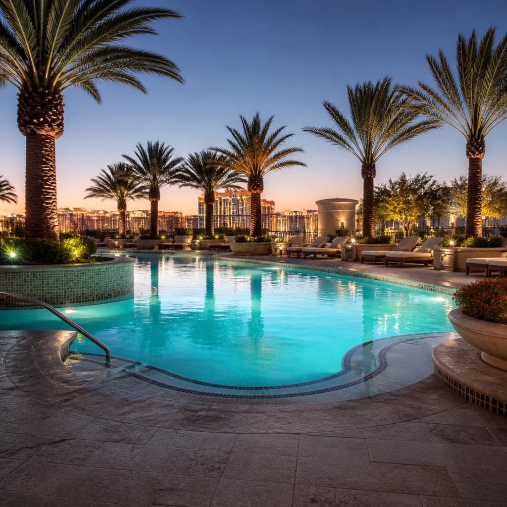 Twilight Las Vegas luxury pool with turquoise water