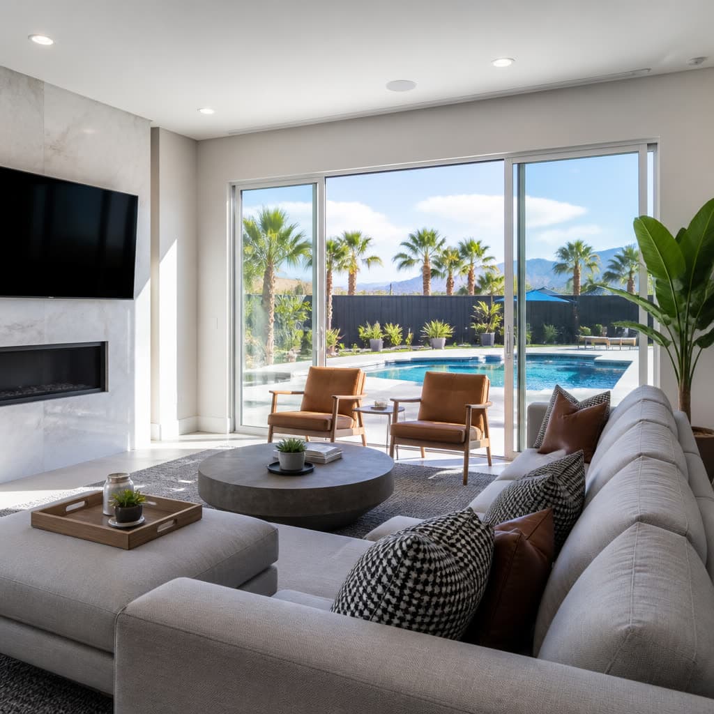 Las Vegas vacation rental living room opening to a pool