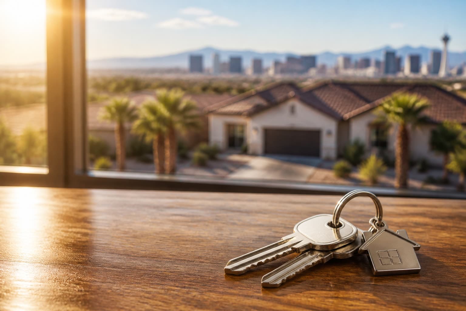 House keys on a table with a Las Vegas home in the background