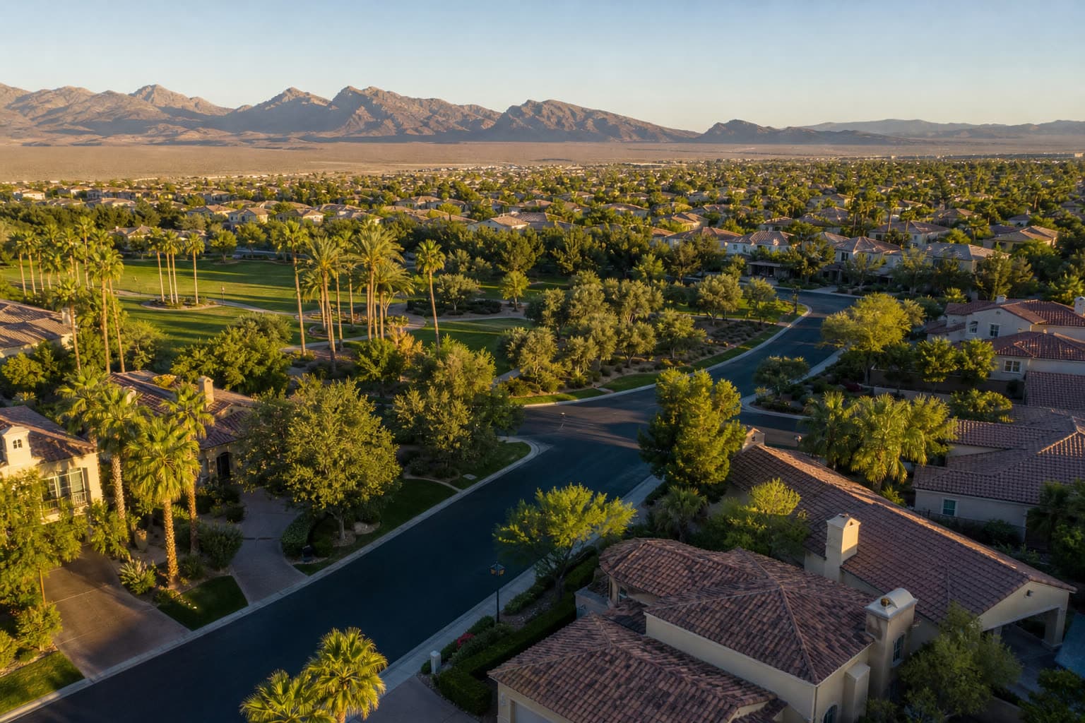 Aerial-style view of a Las Vegas master-planned community with parks