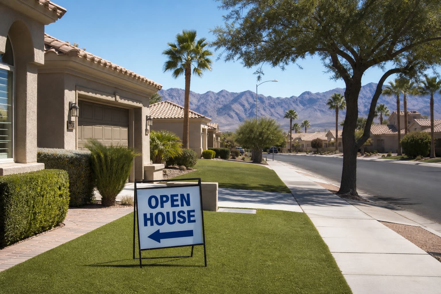 Open house sign on a Las Vegas suburban lawn