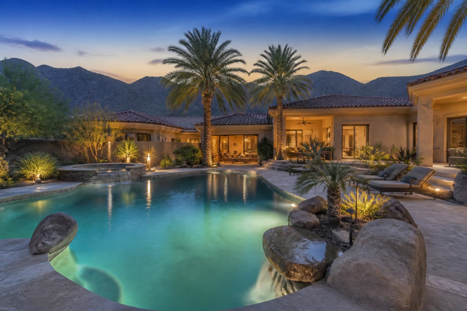 Las Vegas backyard swimming pool with stone deck and desert landscaping
