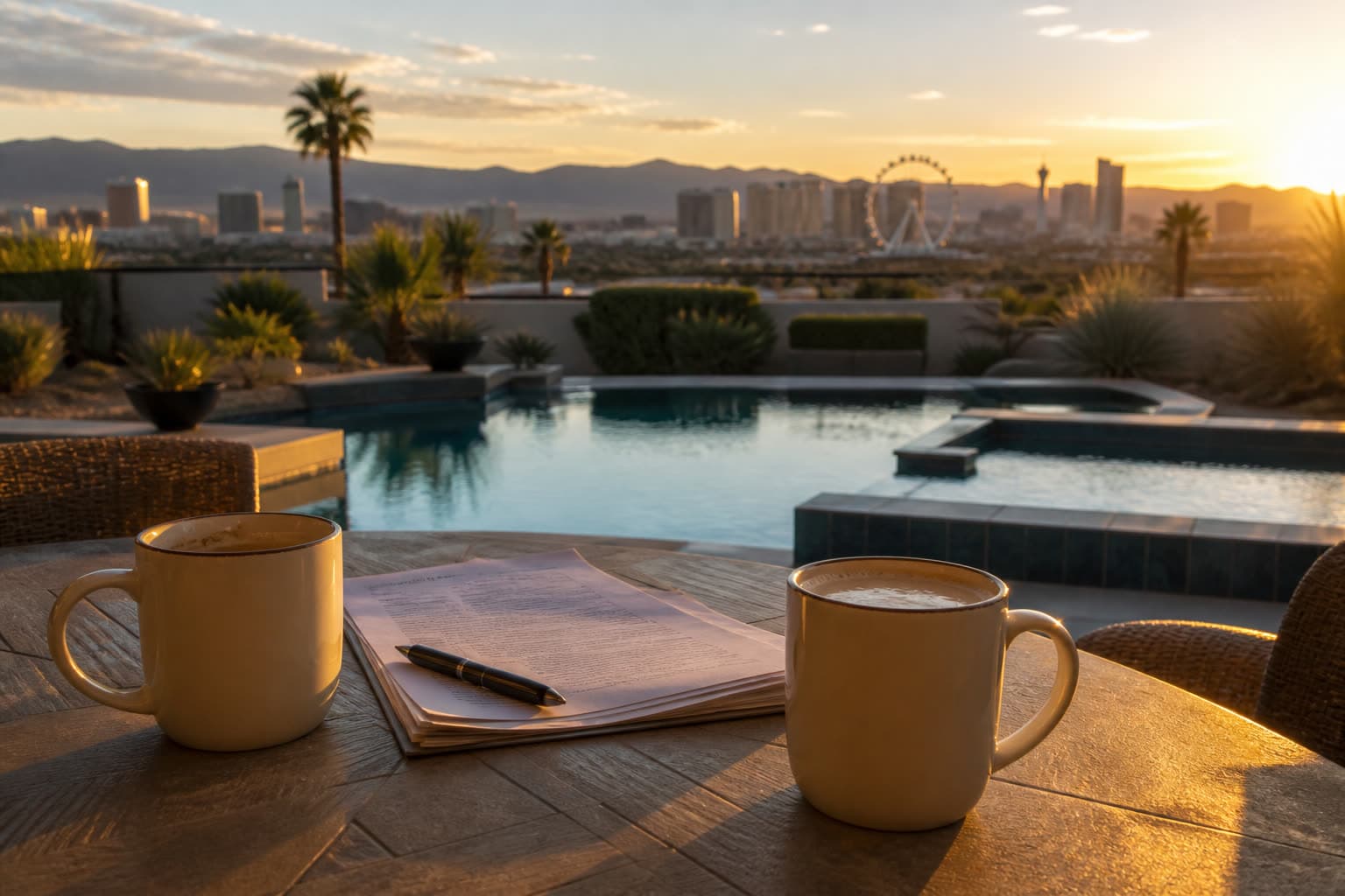 Patio conversation setting overlooking a Las Vegas backyard pool