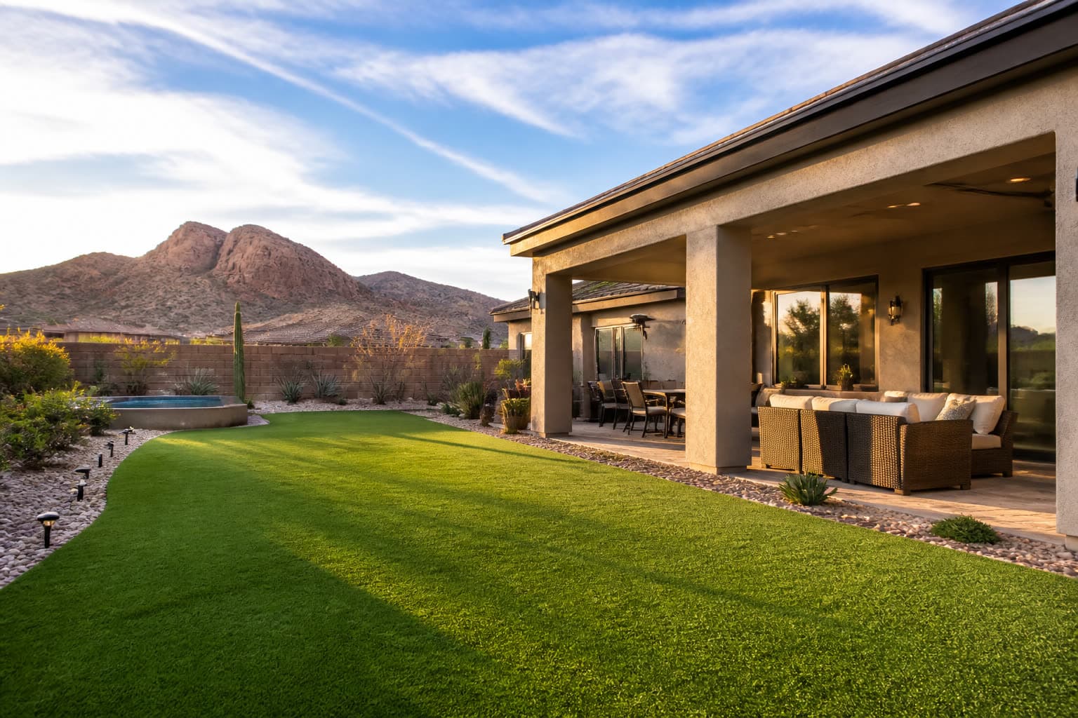 Las Vegas backyard lawn with patio and desert mountains